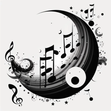 clipart representing music and sound waves. Beautiful, flat, cute manga style, black and white, round image borders