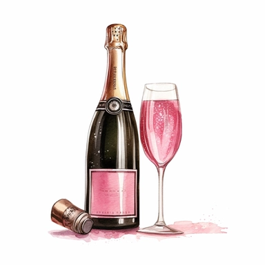 Watercolor pink and black birthday Champagne bottle open pop drawing, illustration clipart, high detailed, white background, digital art