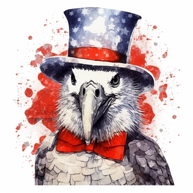 Patriotic African Grey parrot, with uncle sam hat, isolated on a white background, abstract expressionist style, clipart,
