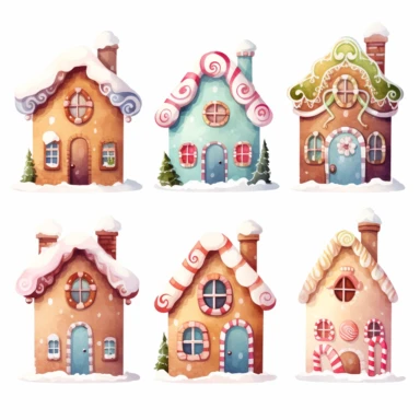 very simple watercolour childrens book style drawing of different cute gingerbread houses, pastel colours soft on white background for clipart, 8k
