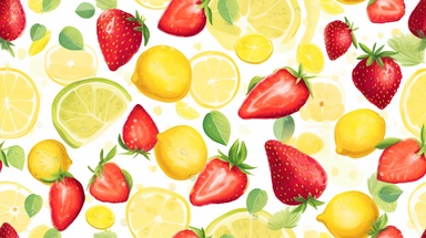 lemon and strawberry, Watercolor, vector, white background, clipart,Seamless patterns, repeating patterns design, flat illustration, Vector, 4K, Art station, digital print, highly detailed clean, A detailed illustration a field,3D vector art, cute and quirky, fantasy art, watercolor effect, bokeh, Adobe Illustrator, hand-drawn, digital painting, low-poly, soft lighting, bird's-eye view, isometric style, retro aesthetic, focused on the character, 4K resolution,vector image, photorealistic masterp