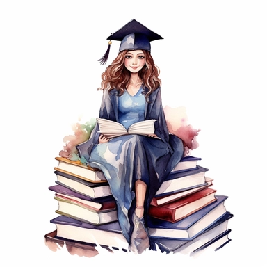 beautiful cartoon graduation girl sitting on the huge pile of books clipart, wears cap and cloak, woman empower, clear distinct with the white background, watercolor, no comment, 8k,