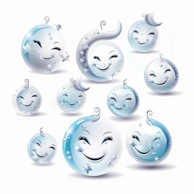 beautiful smiling moon symbols in white, pale blue and silver, white background, vector-style, clipart collection