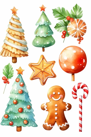 watercolour christmas theme clip art, gingerbread cookies and christmas candy theme, clipart variations, simple, vector, 8k