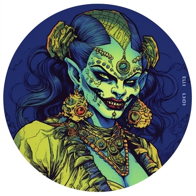 A circular tondo depicting a Dungeons & Dragons character female woman orc orcish badass boss warrior bandit, Mike Allred Josh Kirby Mad Max Lord of the Rings, handpainted enamel punk zine indie retrowave, clipart illustration, circle solid background