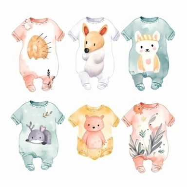 baby onesies with cute elements design,, cute adorable emotional watercolor style on white background with margins in a clipart design