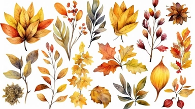 watercolor fall illustration. autumn leaves, sunflower, maple leaf, rowan berries, oak, acorn arragement. thanksgiving clipart