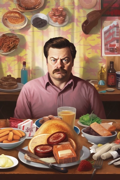 ron swanson in front of a huge plate of breakfast of the bacon and eggs clip art
