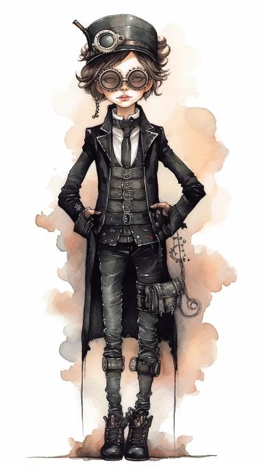 watercolor mixed media goth steampunk boy entire body illustration clipart by holly hobbie