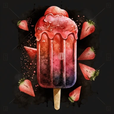 Watercolor clipart on a black background of a strawberry popsicle, offering a refreshing treat on a hot summer day.