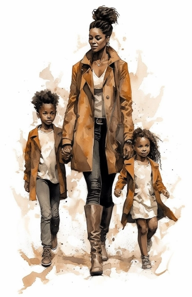 DESIGN A MAGNIFICENT AND EXQUISITE BREATHTAKING ONE-OF-A-KIND HIGH QUALITY HIGHLY DETAILED MASTERPIECE WATERCOLOR CLIPART ILLUSTRATION OF A STUNNING BLACK woman walks with two little children holding back the man's hands, in the style of realistic hyper-detailed portraits, fashion illustrations, ashcan school, aquarellist, anime art, beautiful women, warm tones, ULTRA REALISTIC, WHITE BACKGROUND