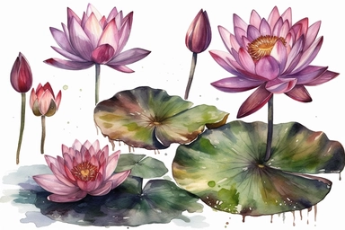 watercolor lila lotus flowers and buds on the water clipart, hd, on white background, spaced out