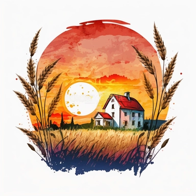 A clipart, A field of wheat crops with a country sunset in the background and a farmhouse, only one clipart, white background, vibrant colors, cartoon,style ghibli, hand drawn, watercolor