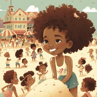 pixar illustration of Sag Harbor town , An illustration of fiver year old light skin Harper a happy black girl with curly afro, lots of kids on beach building sand castles ,standing looking at a group of children making other sandcastles in the competition , Sunset Beach, east hampton , summer vaction, beach town , summer days , muted tones , shy warm heart , pixar , hyper detailed , smooth skin realistic animated — Happy Black Girl Smiling art,black girlsclipart, Funny black girl , Cheerful afr