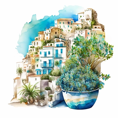 beautiful watercolor clipart of a view of a Mediterranean village with houses, potted plants and italian seascape, warm summer blue, aqua and white hues, compositions on an isolated white background. Bright landscapes illustrations, highly detailed