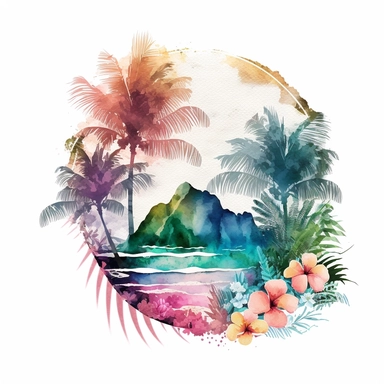 Watercolor Pastel Hawaii Clipart - watercolor surfing tropical island on white background