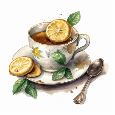 realistic beautiful cup of tea, with lemon wedges and mint leaves, silver spoon and cookie, vintage, very detailed, hipster style cafe, white background, still life photography, food photography, dessert photography, dreamy, clipart, watercolor illustration style