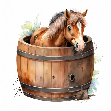 Watercolor animal ,Cute horse lies in a wooden barrel,clipart ,on white background