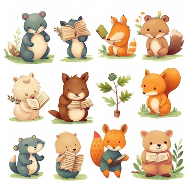 Create a set of clipart featuring cute animals engaged in various activities like reading a book, playing with a ball, gardening, or cooking. These versatile and adorable animal illustrations can be used in various educational materials, children's books, or crafting projects.