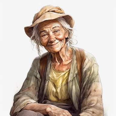 cinematic farm old woman, smiling, surrounded by white background, clipart, wide shot, very detailed, watercolor illustration, white background, cinematic, ultra hd,