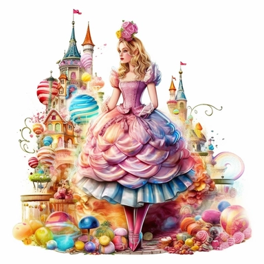 Fairytale style beautifull over realistic victorian styled dressed princess in the candyland with watercolor effect,candyland scene,candies,fantasy style,realistic features,vibrant colors,suitable for digital clipart,white background