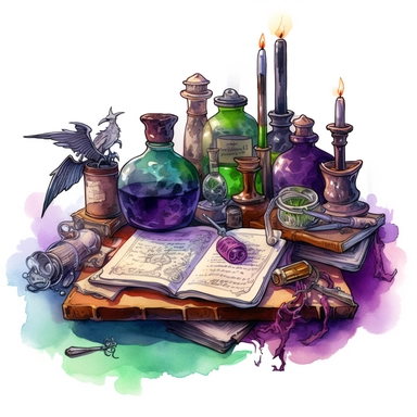 a wizzard study space with scrolls, candles, books, magical items, potions, feathers, jars, ingredients, watercolor, clipart, airbrush art, scientific illustrations, realistic color schemes, intense purple and dark green color, white background