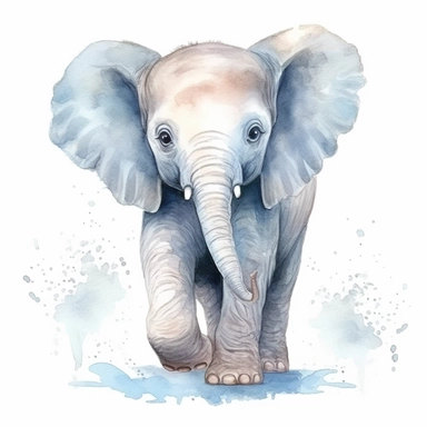 clipart full body friendly watercolour cute little baby elephant, realistic, detailed, white background, contour