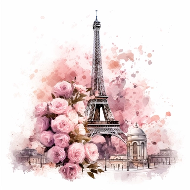 high detail romantic Paris Clipart of pink toned flowers on a white background