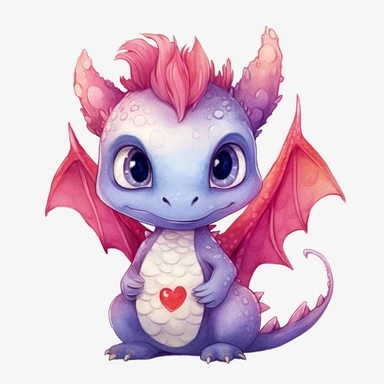 watercolor cute dragon clipart, adorable, big eyes, japan anime style, red, full body, holding a lovely heart, on white background