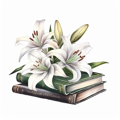 beautiful casablanca lilies on elegant books, detailed realistic watercolor illustration, white background clipart