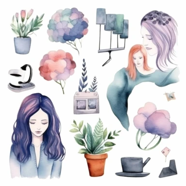 hand drawn mental health themed clipart set on white isolate background, watercolour, 8k, high quality