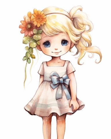 full body, a happy cute little girl a five year old, bow on the head, blond hair, dress, flower, style by Lusy Fleming, folk art, watercolor, clipart elements, smooth gradients, black contour outline, ultra detailed, white background, super clear, high quality