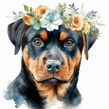 Rottweiler. Watercolor clipart of a small animal, portrait, puppy, doggy, child, flowers, nursery, crown, dog, wreath, pacifier, puppy