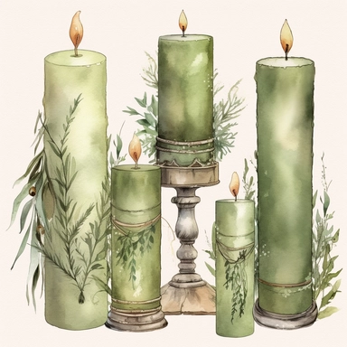 4 watercolor sage green boho witch candles clipart, hd