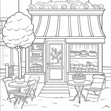 coloring book page, bakery windows,clipart,image of cute bakery,coffee shop,simple and cute,tree on side,bench infront,with awning,for watercolor painting,clean and simple line art for decorative painting
