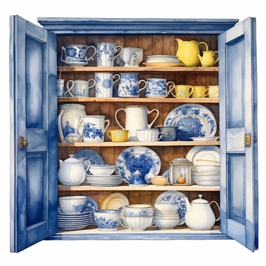 watercolor, hyper realistic, white background, white margins, 16k, ultra detailed clipart, cut out image, hand-drawn a kitchen cabinet with white cups and pots on it, in the style of charming illustrations, azure, pastoral nostalgia, raw materials, light yellow and dark blue, fujifilm natura 1600, windows vista