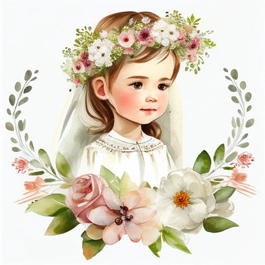 First Communion Clipart watercolor for girl, fully body, for her First Communion, tiara on her head, flowers in her hand, smiling, blushing, White PNG background