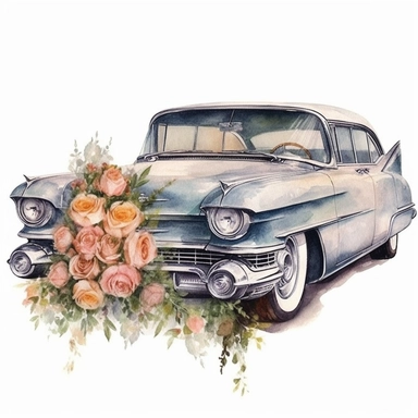 vintage cadillac car, watercolor, retro, flowers, detailed, digital clipart