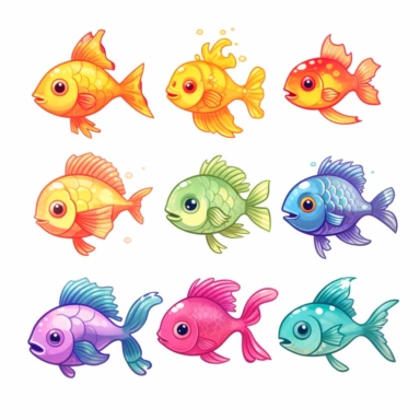 cute fish in different colors, clipart, illustration by joe chou, white background