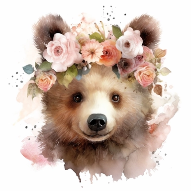 isolated clipart, cute bear with flowers on its head, highly realistic, flickr, watercolorist, uhd image, multi-layered mixed media