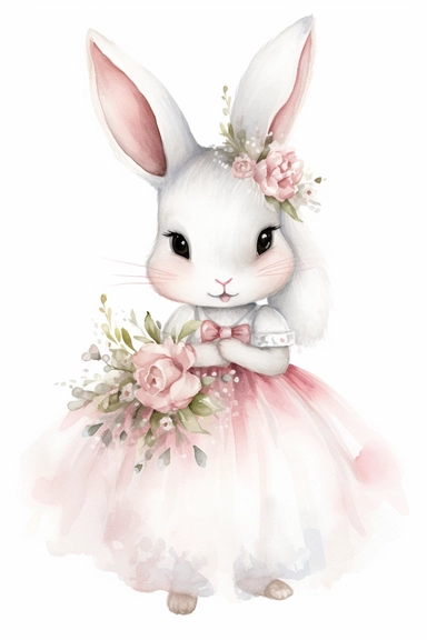 Watercolor Clipart, A cute baby bunny in a wedding dress, isolated white background