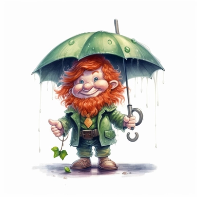 Cute Adorable magical little leprechaun with a cylinder hat and a red beard holds laterally a umbrella in his hand wears a raincape and stand in the rain on a country road, clipart, photorealistic illustration, watercolor, high detail, 8k polished, 8k, vibrant colors, white background