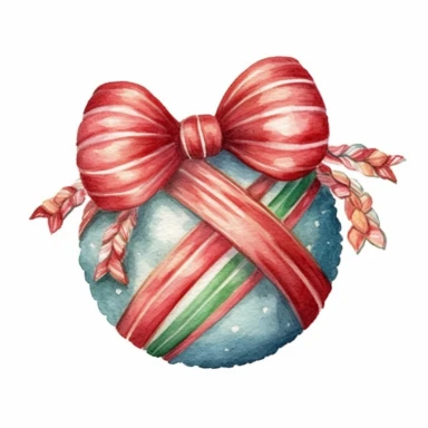 A Christmas ball and Bow, full color, knitted painting texture, Perfect for nursery art and children's book illustration style, simple, cute, full color, clipart, watercolor illustration, single object, high definition 8k, white background for removing background