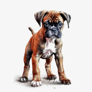 very detailed clipart of a cute boxer puppy, full body, entire body, whole body, surrounded by white background, wide shot, very detailed, watercolor illustration, white background, cinematic, high quality, 32 k,