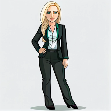 A clipart of a full body, blonde girl, blue-green eyes, who works as a lawyer, happy, white shirt, black pants.