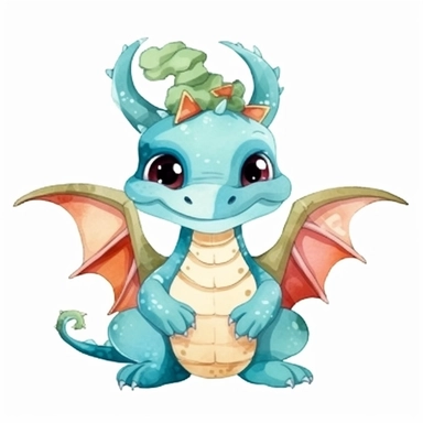 watercolor dragon christmas character clipart on white background, flat design, watercolor bright high resolution