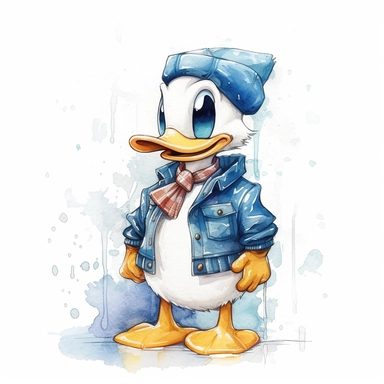 cartoon watercolor cute donald duck, very detailed, clipart, modern style, white background, 8k