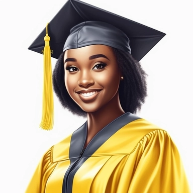 beautiful black graduate, clipart, straight hair, light skinned, wearing a yellow cap and yellow gown, white background