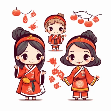 Clip art Chinese New Year costume, flat color, thick lines, cute cartoon white background 8k,--q3