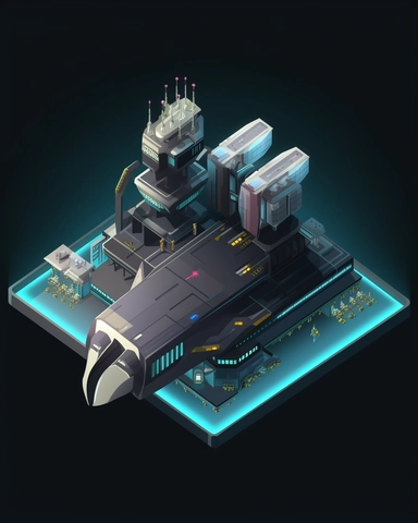 isometric perspective, game sprite, futuristic small spaceship hanger concept, gaming asset, sci-fi, fun, creative, cartoon, clipart, hyper-detailed, black background,